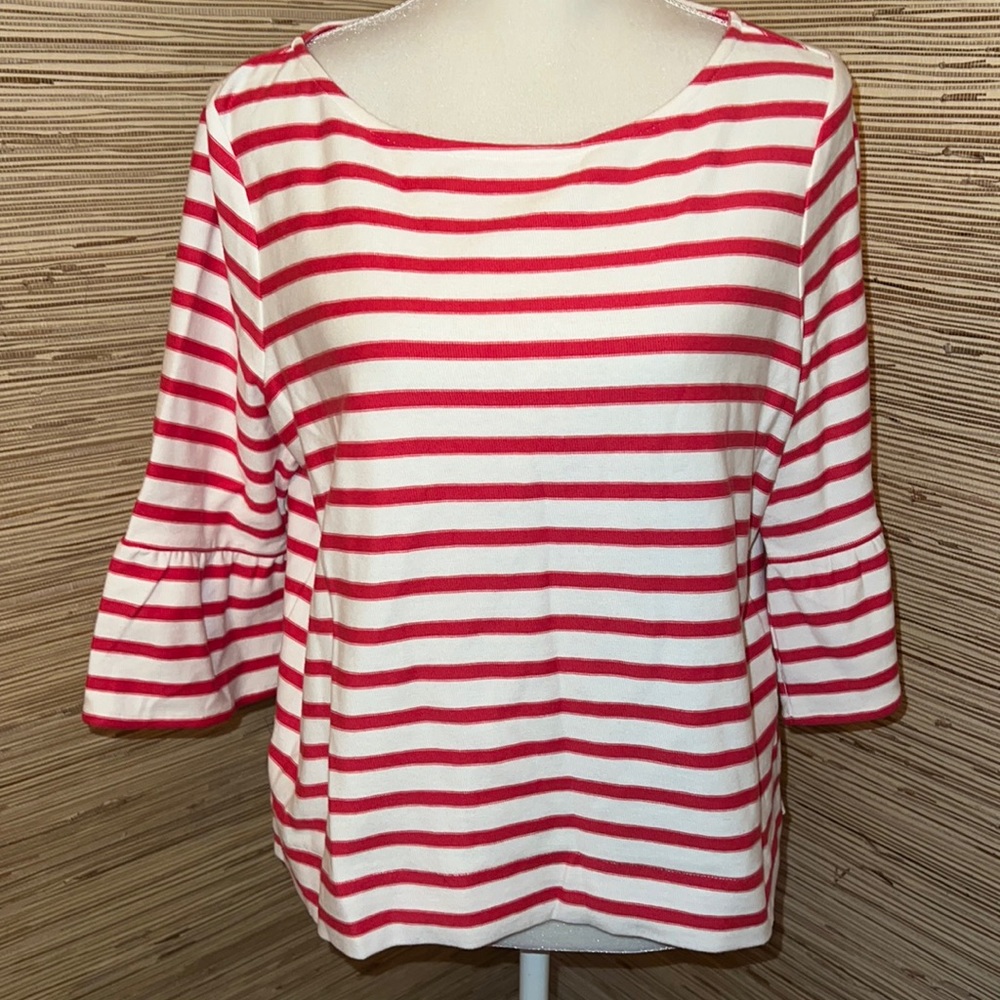 Pure medium cream & coral striped 3/4 bell sleeve French inspired boat neck top